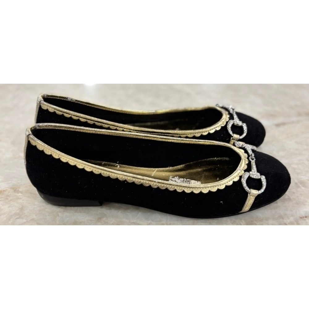 Beverly Feldman Black‎ Suede Ballet Flats Gold Trim Horsebit Size 7M - Picture 3 of 7